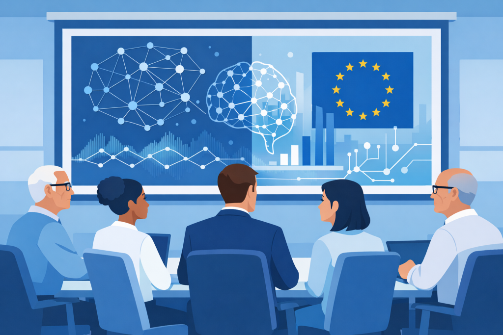 Office workers attending an AI literacy training session with an EU regulatory framework displayed on screen