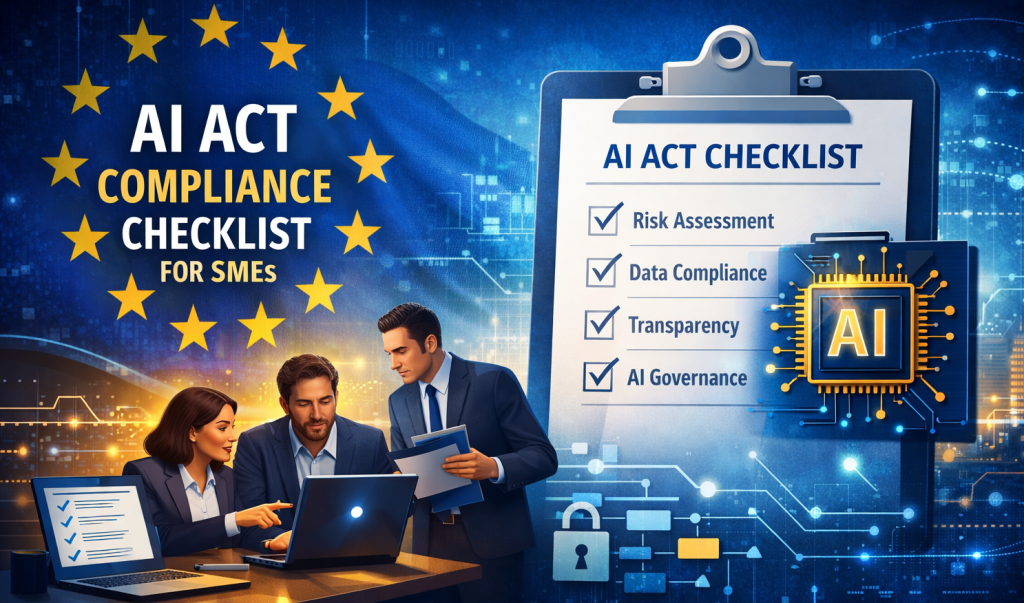Illustration of EU AI Act compliance checklist for SMEs showing business professionals reviewing AI governance requirements, checklist documents, and an AI chip symbol against a European Union regulatory technology background.