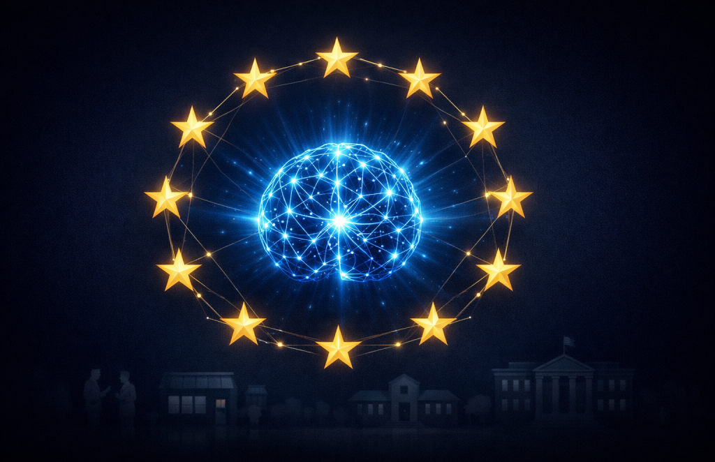 AI governance concept with glowing neural network node surrounded by EU-style regulatory stars and silhouettes of SMEs and public institutions