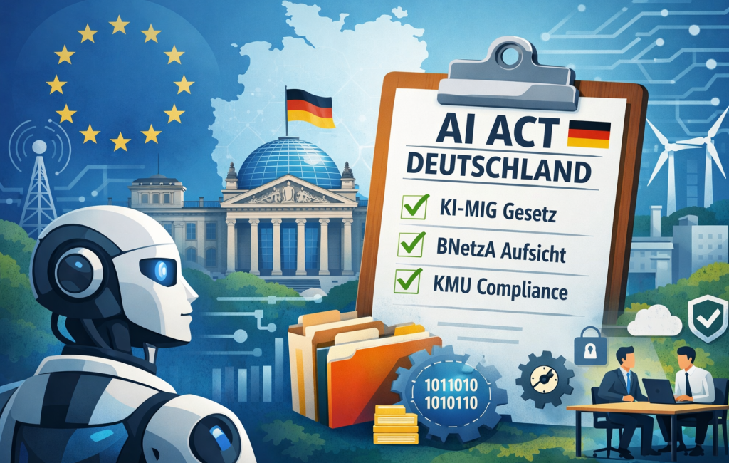 Illustration of EU AI Act implementation in Germany showing compliance checklist, Bundesnetzagentur supervision, and AI governance for SMEs.