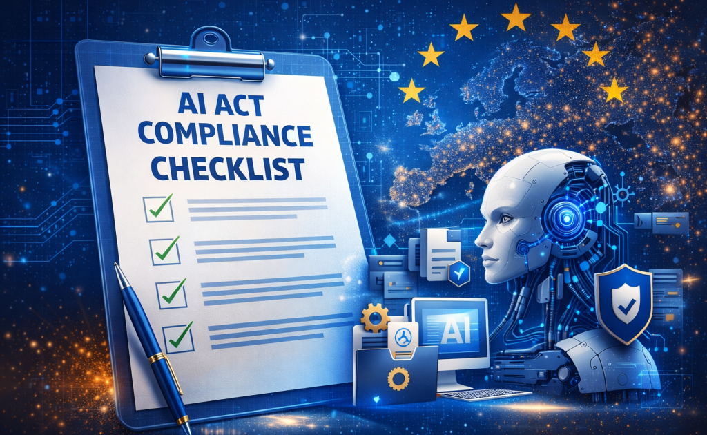 Digital illustration of an EU AI Act compliance checklist for businesses showing a checklist document, AI system icons and the European Union stars representing regulatory compliance.