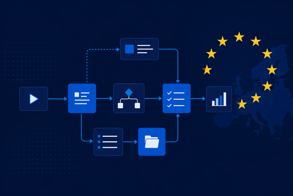 Diagram showing an AI agent workflow with interconnected task nodes and branching execution paths, alongside the EU flag and European map, illustrating the regulatory scope of the EU AI Act over autonomous AI systems.