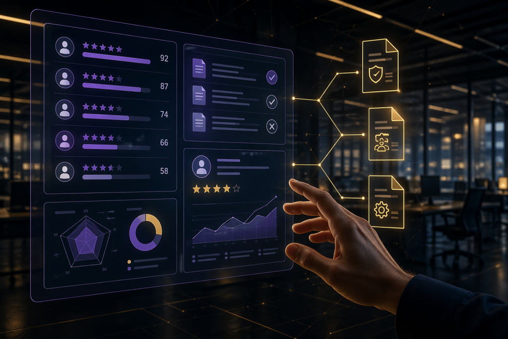 A human hand interacts with a translucent AI interface displaying candidate ranking scores and star ratings, connected by glowing lines to compliance document icons, set against a dark office background — illustrating the intersection of algorithmic HR decision-making and EU AI Act documentation obligations.