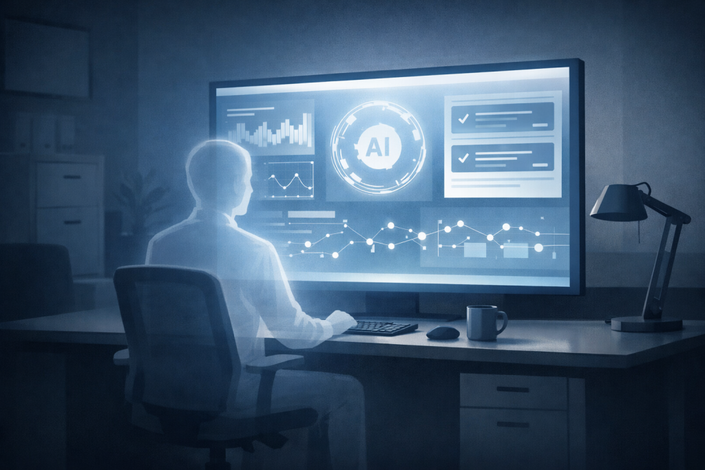 AI generated image of a human figure overseeing an AI system interface, illustrating the competency gap in EU AI Act Article 14 human oversight requirements