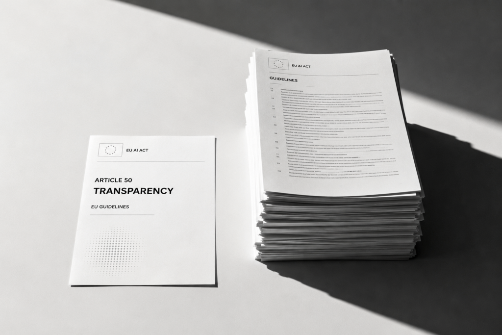 A single sheet of paper beside a thick stack of documents, illustrating the gap between Article 50 of the EU AI Act and its forty-page implementation guidelines