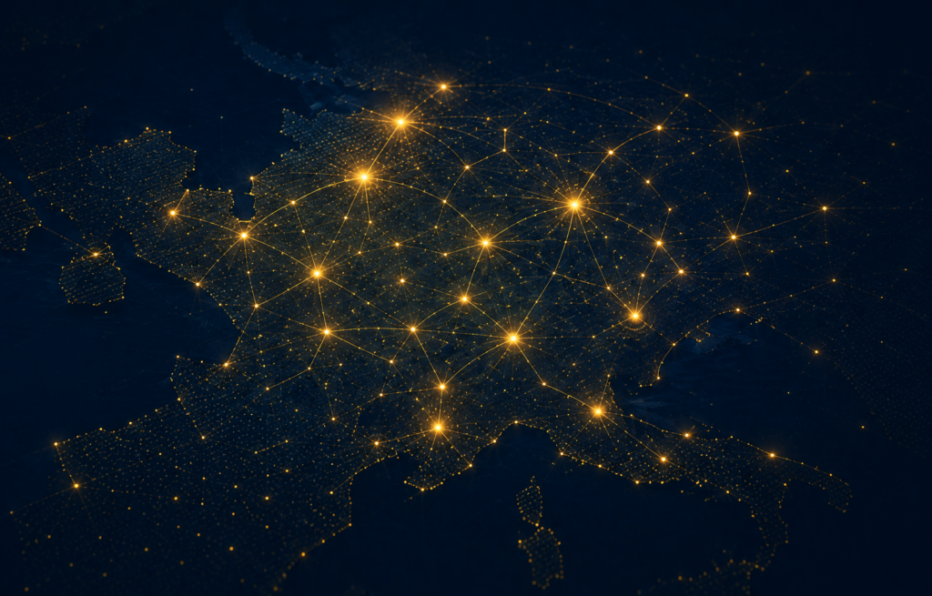 Abstract map of Central and Eastern Europe as glowing gold nodes connected by lines on dark navy background — illustrating AI Act compliance pressure flowing through supply chains across the region