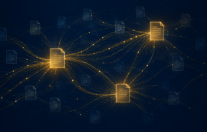 Network of documents connected by gold lines on dark navy background — illustrating the contractual enforcement channel through which AI Act compliance requirements travel across supply chains