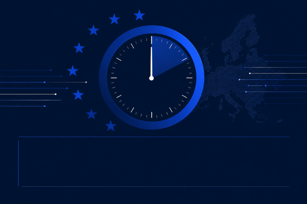 Minimalist illustration of a clock face with EU stars and a dotted map of Europe on a dark navy background, representing the EU AI Act enforcement countdown for Edition 001 of the Intelligence Monitor